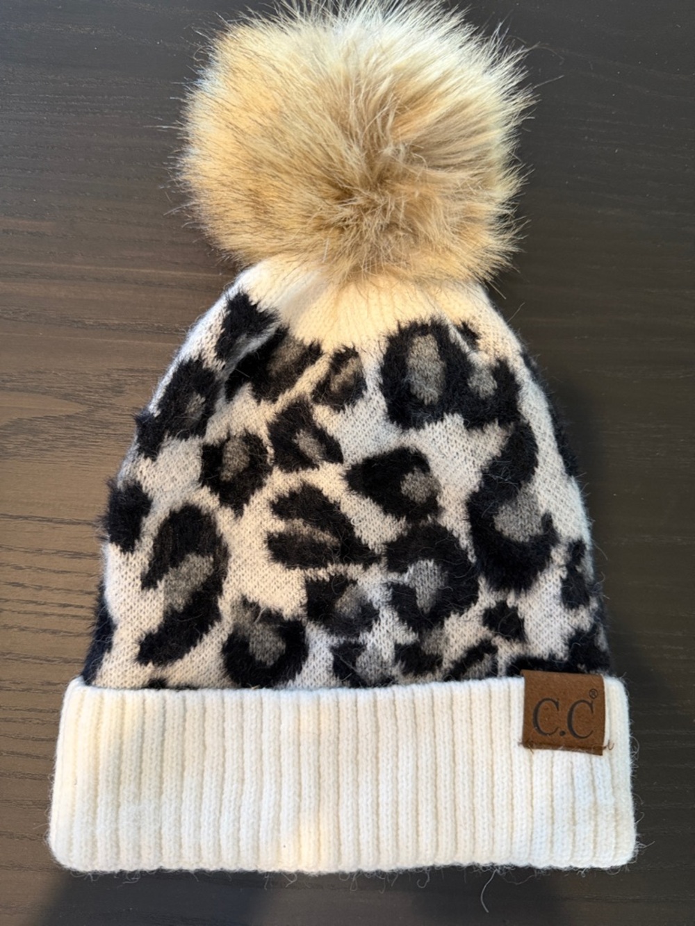 C.C women’s Leopard Faux Fur Pom Beanie - Cream, Black & Tan